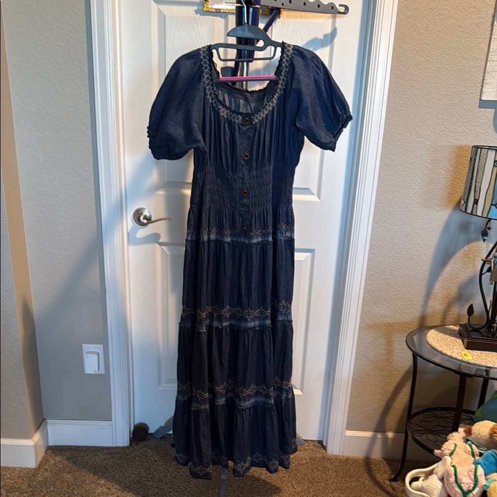 Indigo & Lace cotton Casual Blue tiered peasant Maxi Sundress. Size Medium